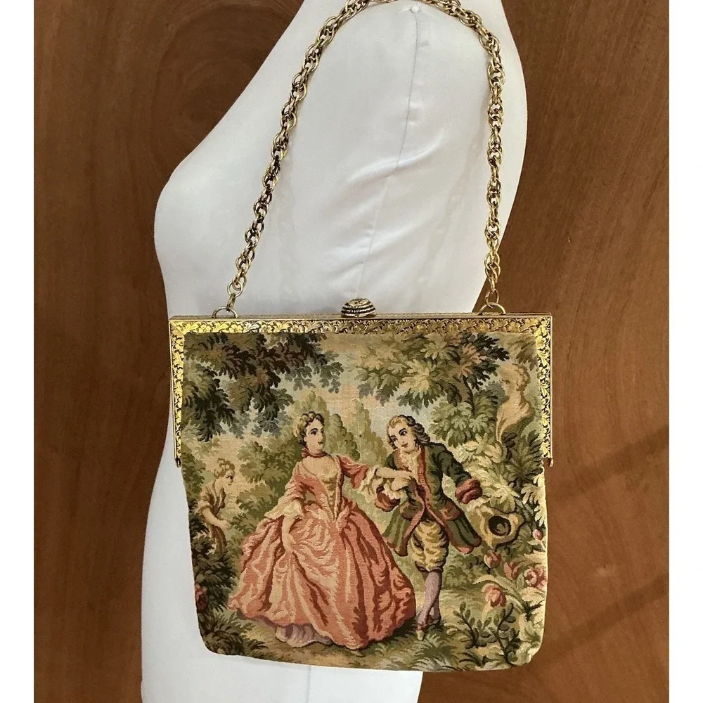 Vintage Delill Tapestry Frame Kisslock Clutch Bag Chain Strap French Rococo 50s